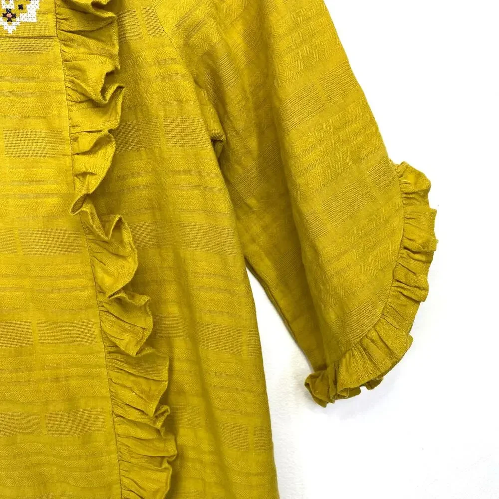 Madewell Embroidered Cassia Ruffle Top Womens Sz S Yellow Boho Summer 3/4 Sleeve - Picture 4 of 9